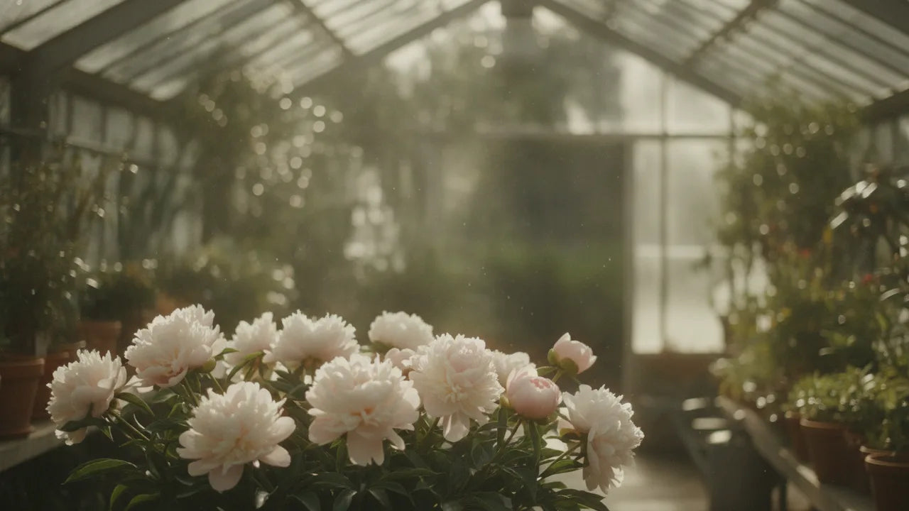 Morning light through the glass of a greenhouse, over cream and blush peonies